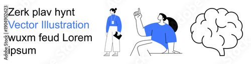 Education, brainstorming, teamwork, learning, creativity, cognitive processes. Two characters with dynamic poses and a brain illustration in a minimalist composition. Brainstorming and learning