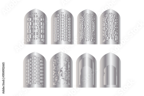 Islamic door and window vector collection, including mosque gates and window frames, ideal for eid, ramadan, diwali, and festival invitations, clean vector