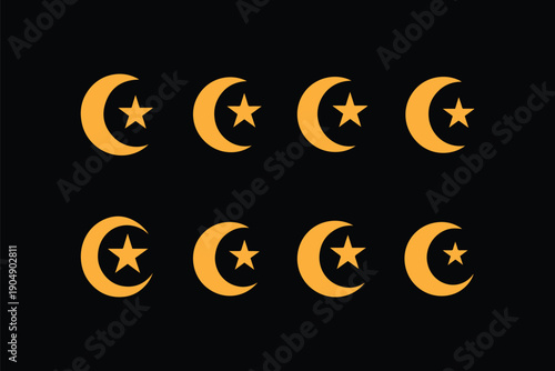 Celestial Symbolism: Collection of artistic moon and star icons, each icon depicting a crescent moon and a five-pointed star, evokes feelings of serenity and cosmic 