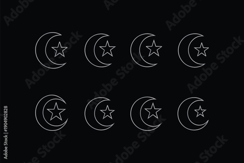 Set of black Islamic crescent moon and star silhouettes with mosque icon for Ramadan Kareem, Eid Mubarak, and religious designs