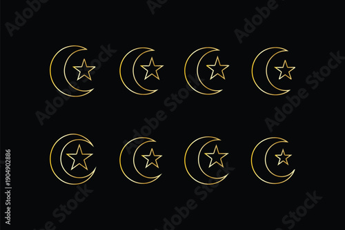 Set of black Islamic crescent moon and star silhouettes with mosque icon for Ramadan Kareem, Eid Mubarak, and religious designs