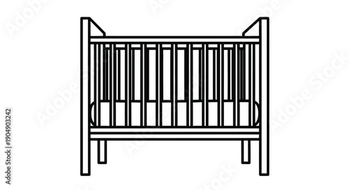 Simple line drawing of a baby crib depicted in black and white