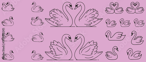  Line minimalist swans set. Beautiful elegant birds with heart shape necks on white background. Swan in ink victorian romantic style for wedding invitation card design. Hand drawn vector illustration.