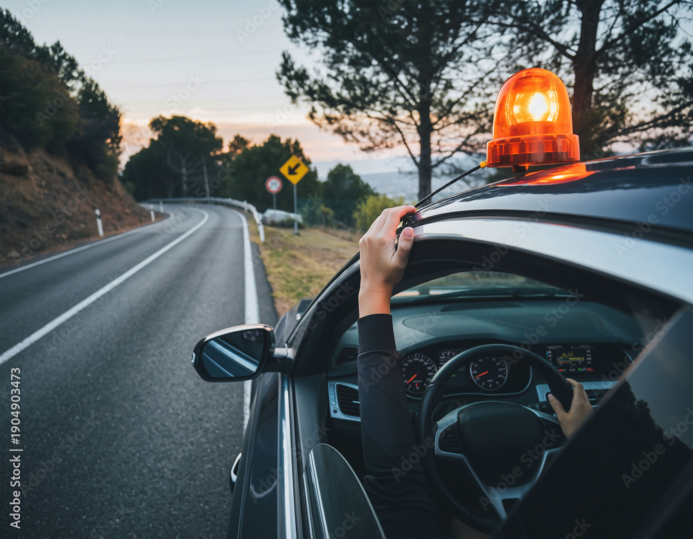 Naklejka premium Driver placing V16 emergency beacon on car roof on road, breakdown situation
