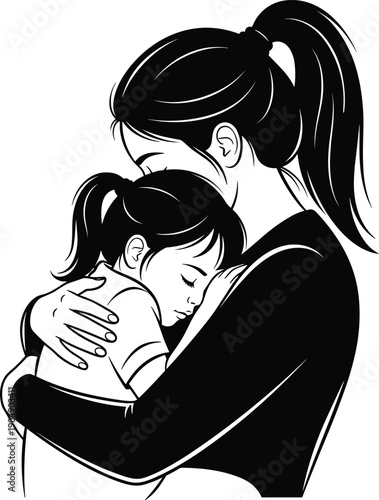 Heartfelt black and white vector illustration of a mother and child hugging for Mothers Day card design representing maternal love appreciation and family bond.Heartfelt black and white vector 