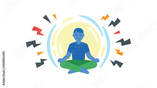 Blue Man Meditating in Lotus Position with Lightning Bolts