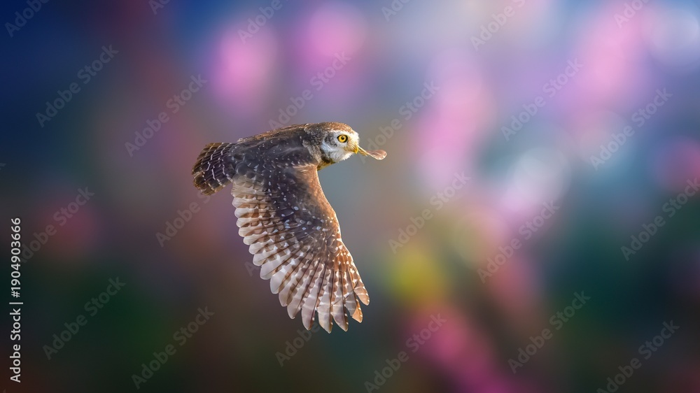 Fototapeta premium The spotted owlet is a small owl which breeds in tropical Asia from North Pakistan to Southeast Asia. A common resident of open habitats including farmland and human habitation, it has adapted to livi