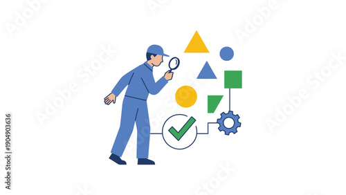Mechanic Inspecting Geometric Shapes with Magnifying Glass