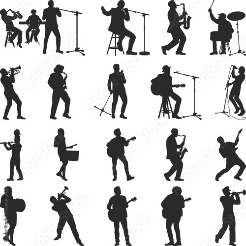 Musicians Silhouettes Collection, Singers, pop, country music, Music Note Monogram, jazz musicians clipart svg, rock stars, hip hop rapper artist vocalists Vector Illustration.