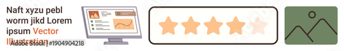 Online reviews, content creation, ratings evaluation, user feedback, digital marketing, web design. Computer monitor with data, star ratings and image placeholder. Online reviews and content