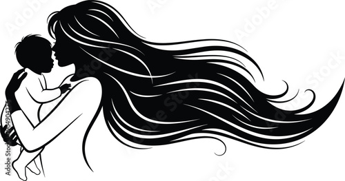 Graceful black and white silhouette of a mother with long flowing hair holding her baby representing maternal beauty love and connection for Mothers Day