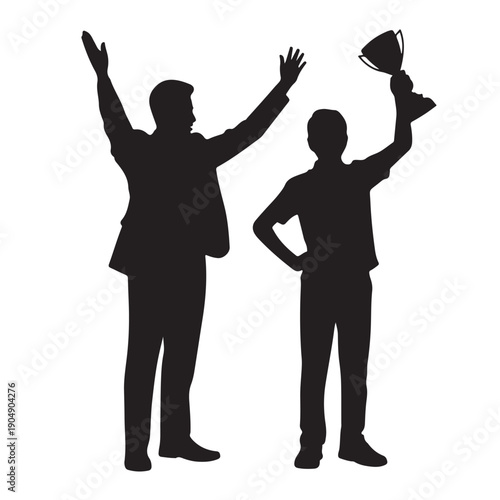 Two men celebrating victory with a trophy silhouette