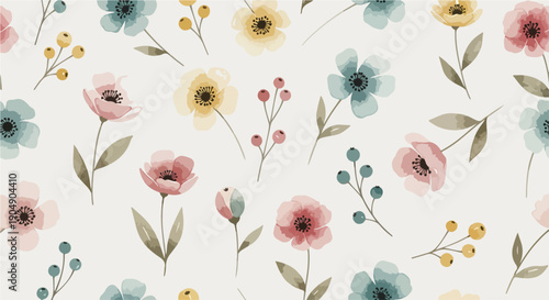 Seamless pattern with delicate spring flowers and fresh green accents
