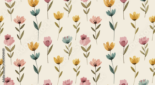Seamless pattern with bright pink flowers and playful composition