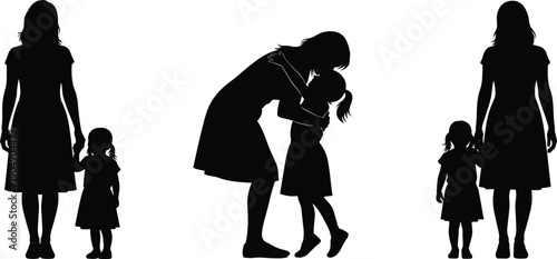 Set of black and white silhouettes featuring a mother walking with her daughter and embracing her in a warm hug for Mothers Day