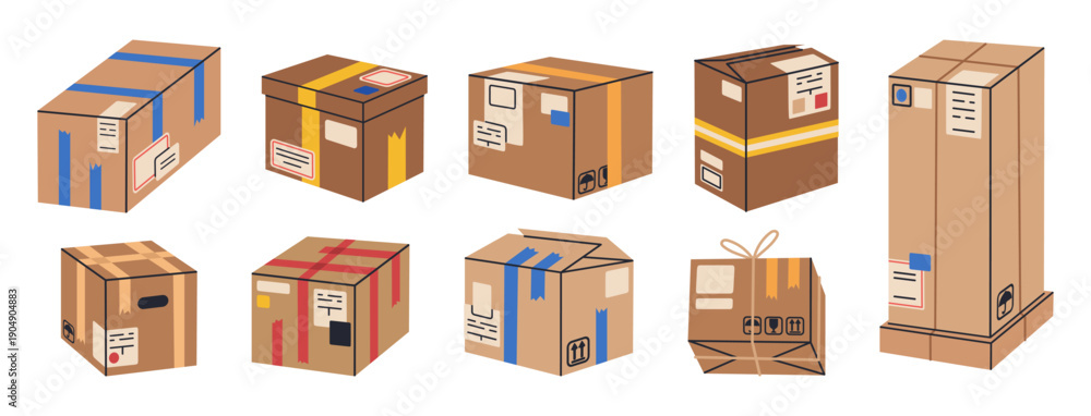 Fototapeta premium Cargo cardboard boxes. Packed parcels, stacked carton warehouse box piles, delivery or moving carton containers stack flat vector illustration set. Hand drawn boxes on white background