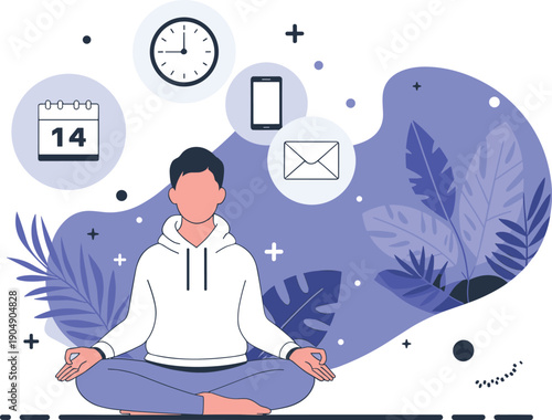 Man meditating surrounded by calendar, clock, phone, and email icons symbolizing work life balance, mindfulness, productivity, digital detox, and time management illustration concept.