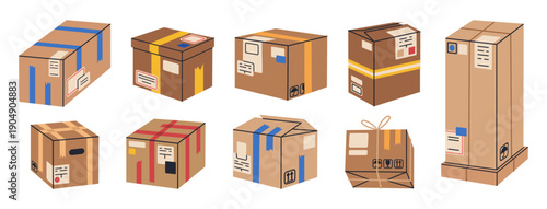 Cargo cardboard boxes. Packed parcels, stacked carton warehouse box piles, delivery or moving carton containers stack flat vector illustration set. Hand drawn boxes on white background