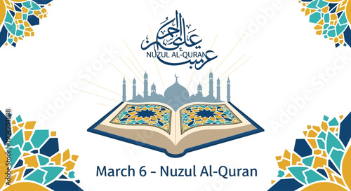 Vibrant Nuzul Al-Quran celebration with mosque and Quran