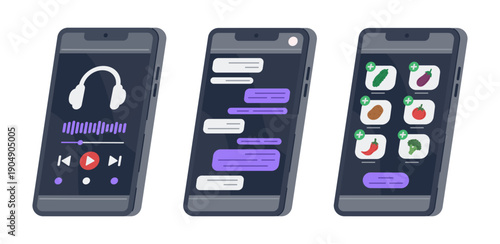 Cartoon mobile cell phones. Mobile phones screen with messenger chat, music player and online shop flat vector illustration set. Hand drawn smartphones on white