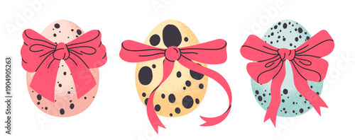 Cute painted eggs with tied bows. Easter painted eggs, traditional Easter treat flat vector illustration set. Spring holidays decorative eggs on white background