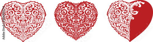 Ornamental vector set of three decorative hearts with vintage floral filigree. Romantic red and white design ideal for Valentine’s Day, wedding invitations, love cards, posters, and festive decoration