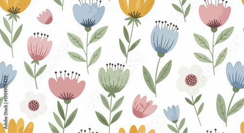 Seamless pattern featuring colorful meadow flowers and fresh green foliage design