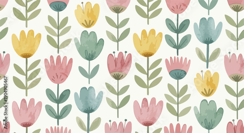 Seamless floral pattern with blooming spring flowers and delicate pastel leaves background