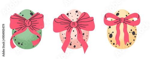 Easter eggs. Cute painted eggs with tied bows, traditional Easter treat flat vector illustration set. Spring holidays decorative eggs on white