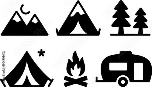 Outdoor Camping Adventure Icon Silhouette Set