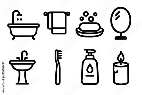 Bathroom essentials linear icon set. featuring bathtub, towel, soap, mirror, sink, toothbrush, dispenser, and candle icons