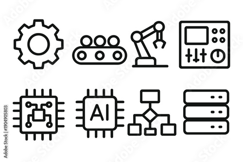 Industrial automation linear icon set. featuring gear, conveyor, robot arm, control panel, microchip, ai, network, storage.