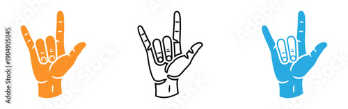 Three colored hand signs in rock and roll gesture