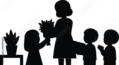 Silhouette of three little students giving flowers and presents to female teacher for teachers day celebration showing gratitude and appreciation concept design.
