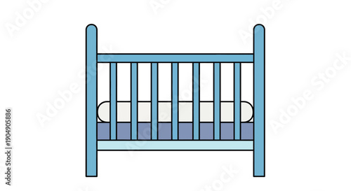 Simple illustration of a blue baby crib with a white mattress and bedding