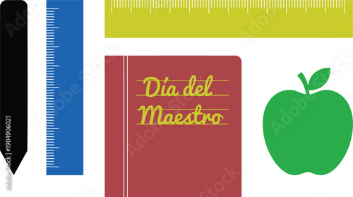 Dia del Maestro spanish text on red book with school supplies like rulers apple and pencil for teachers day celebration on May 15 in Mexico education concept design.
