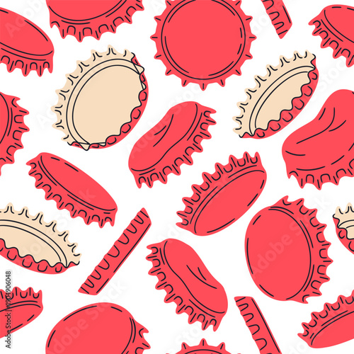 Red metallic lids seamless pattern. Beer or soda glassware bottle cap, bottle caps for glass container with beverages endless design flat vector background illustration. Colorful caps pattern