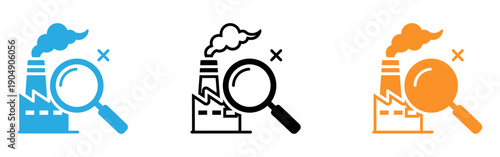 Factory pollution icons with magnifying glass