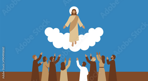 Lord Jesus Christ ascending to heaven in clouds while twelve apostles watching from below for Christian religious spiritual resurrection and eternal life concept.