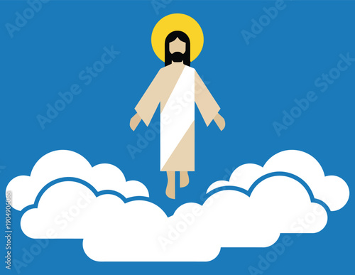Lord Jesus Christ with golden halo ascending to heaven above white clouds in blue sky for Christian religious spiritual resurrection and eternal life faith concept.