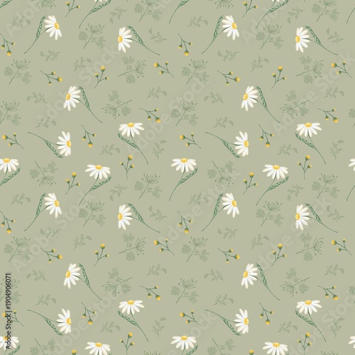 seamless floral green pattern with camomile, dill, white flowers, wild flowers, print for fabric, textile, wrapping paper, cloth