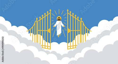 Lord Jesus Christ standing in open golden gates of heaven with white clouds representing ascension and eternal life for christian religious spiritual faith concept.