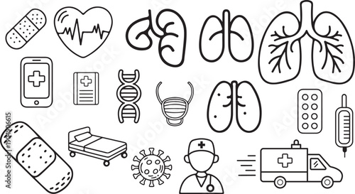 Hand Drawn Medical Health Care Doodle Icon Set – Hospital, Doctor, Medicine & First Aid Line Vector Collection