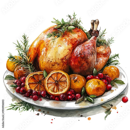 Turkey Roast, cute watercolor illustration with intricate patterns and vibrant splashes, isolated on a white background.