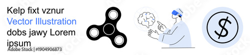 Mental focus, digital innovation, neuroscience, financial concepts, gaming devices, creative thinking. Black spinner, scientist using VR dollar icon. Mental focus and digital innovation