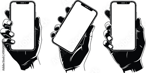Hand holding smartphone mockup set with blank screen modern mobile phone display sketch style vector illustration collection design.