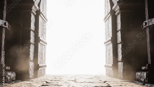 A video showcasing an ancient temple with large wooden doors opening to a bright light
