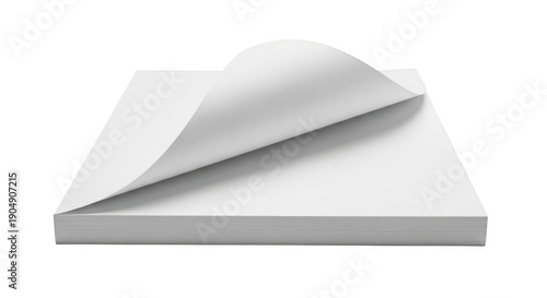 Stack of white printer paper with curled corner blank copy sheets isolated on transparent background