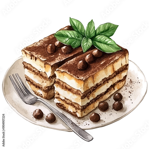 Tiramisu, playful watercolor vector depicting lively antics and expressive gestures, isolated on a white background.