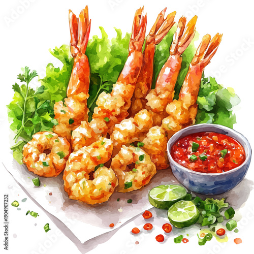 Tempura, elegant watercolor illustration luminous highlights, isolated on a white background.